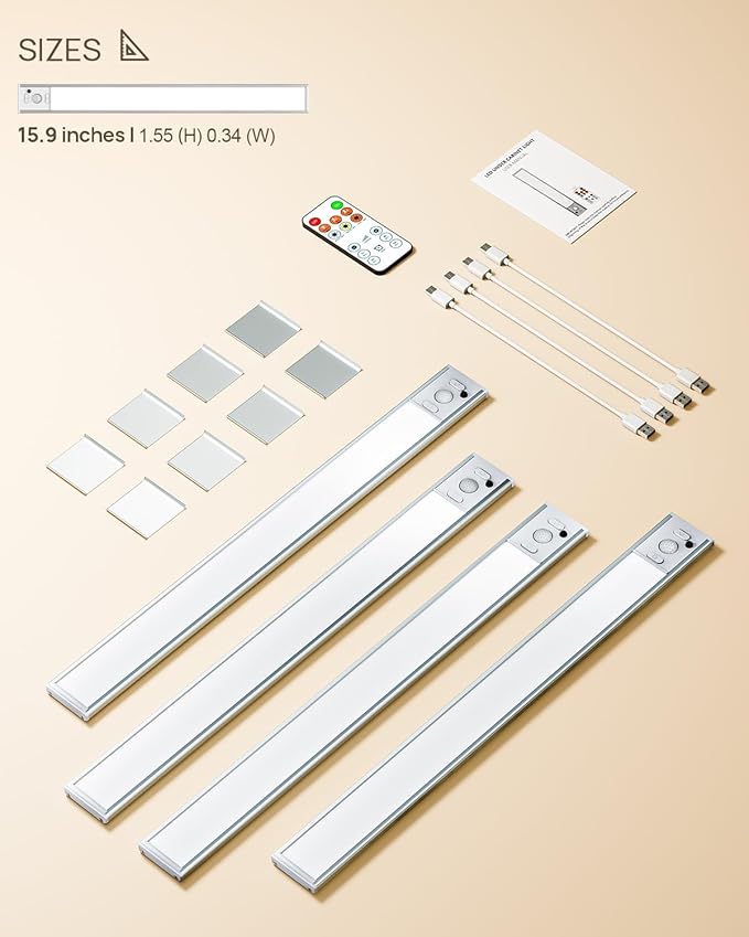 16inch Under Cabinet Lights, LED Motion Sensor Light Indoor, 4000mAh Rechargeable Closet Light with Remote, 3 Color Temps, Magnetic, Wireless Under Counter Lights for Kitchen, Stairs, Pantry, 4 Pack