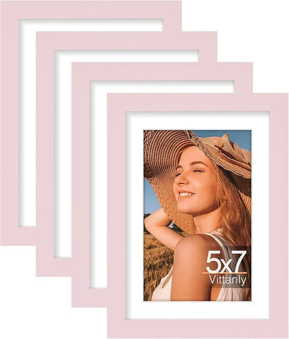 Vittanly 5x7 Picture Frames Set of 4, Display Pictures 4x6 with Mat or 5x7 without Mat, Small Photo Frames for Wall or Tabletop Display, Engineered Wood with Shatter Resistant Plexiglass, Pale Pink