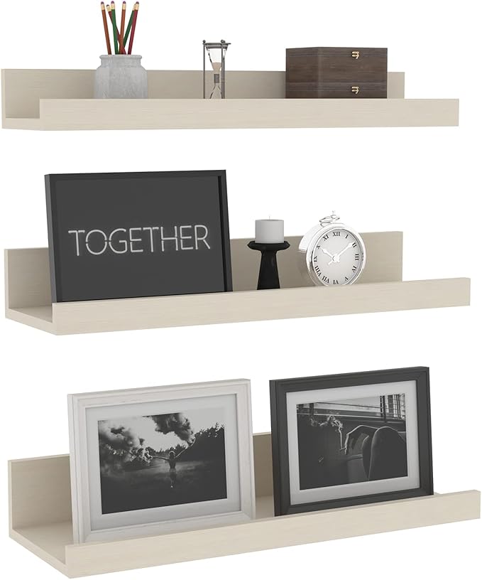 Giftgarden 16 Inch Floating Shelves Wall Mounted, Creamy White Beige Wood-Grain Wooden Ledge Shelf for Bathroom Bedroom Living Room Kitchen Nursery, Set of 3 Different Sizes