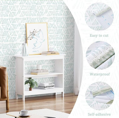 Peel and Stick Wallpaper Modern Geometric Wallpaper 17.3" x 78.7" Green and White Contact Paper Boho Striped Self Adhesive Removable Wall Paper for Bedroom Cabinets Drawers Waterproof Vinyl Roll
