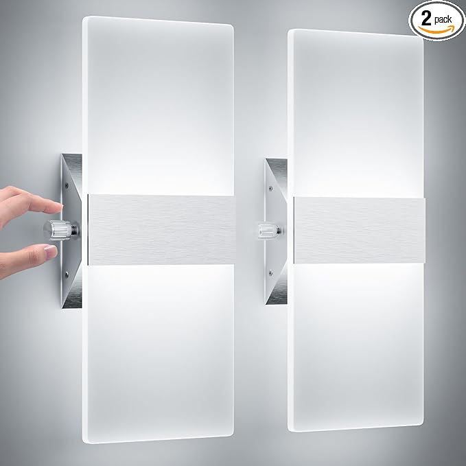 ChangM Modern Wall Sconces Set of Two, 12W Acrylic Led Wall Light, Equipped with a Rotary Switch to Adjust Brightness 10%-100%, Indoor Wall Mounted Lights Hardwired 6000K Cool White