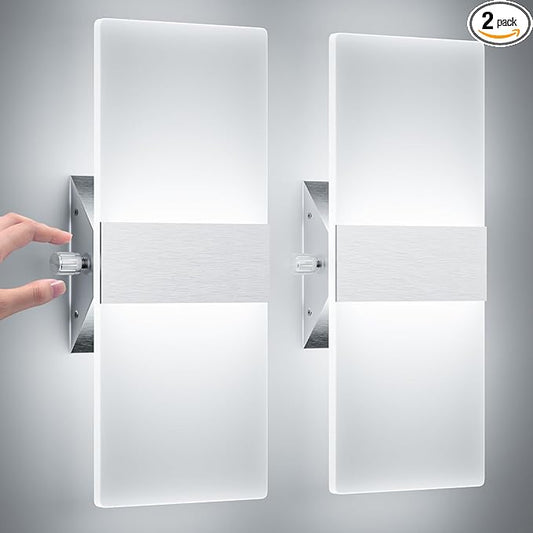 ChangM Modern Wall Sconces Set of Two, 12W Acrylic Led Wall Light, Equipped with a Rotary Switch to Adjust Brightness 10%-100%, Indoor Wall Mounted Lights Hardwired 6000K Cool White