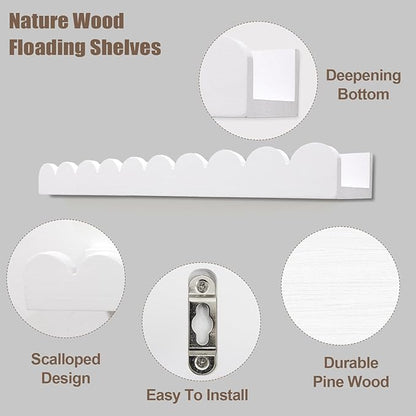 Floating Nursery Book Shelves, Scalloped Shelves for Kids Room 20 Inches, Nursery Bookshelf for Wall Set of 2, Nursery Shelves for Wall Wood, White