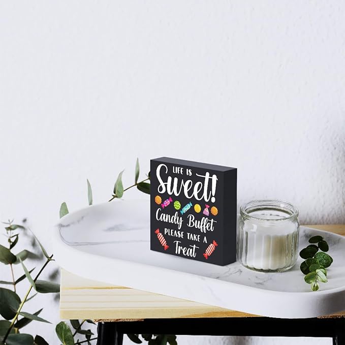 Funny Christmas Candy Buffet Wooden Box Sign Plaque Life is Sweet Candy Buffet Please Take a Treat Wood Box Sign Rustic Art Home Shelf Desk Decor 5 X 5 Inches