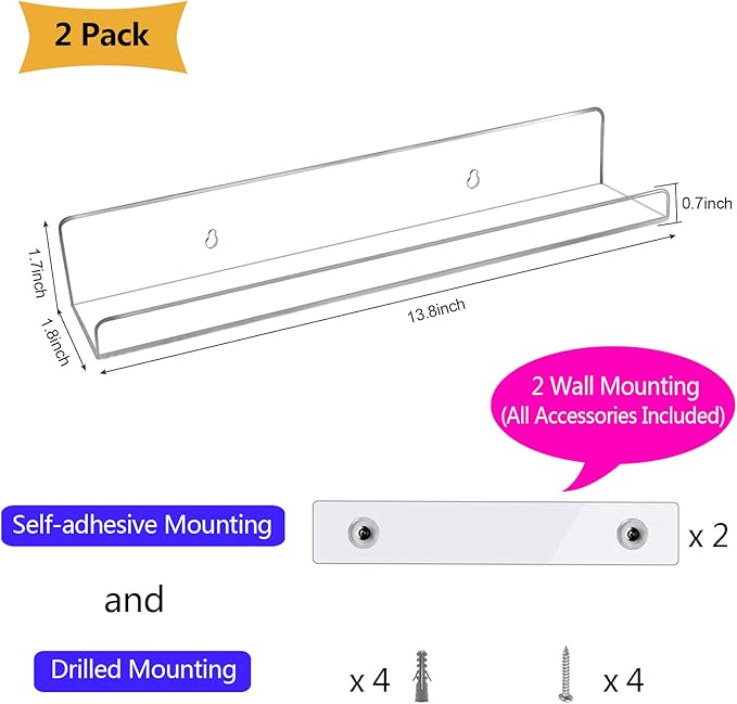 evron Acrylic Floating Shelves – 2-Pack Clear Wall Shelf for Bathroom, Bedroom, or Kitchen – Easy Installation with Adhesive (No-Drill) or Screws (Drill Required) – 13.8