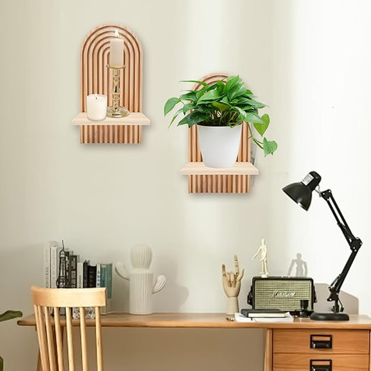 2 Pcs Boho Wall Shelf, Rainbow Arch Wooden Floating Shelf, Bohemian Floating Shelves Wall Decor for Nursery Bedroom Living Room Mid Century Hanging Shelf, 7.09 × 4.72 × 13.58 inches