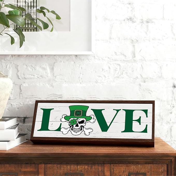 Shamrock Decors, Skeleton Bone Man Decor, Love Wooden Box Signs, Rustic Framed Wooden Box Sign, St. Patrick's Day Themed Decor for Cafe Shop Coffee Bar, 9.5x3.1x1 inches