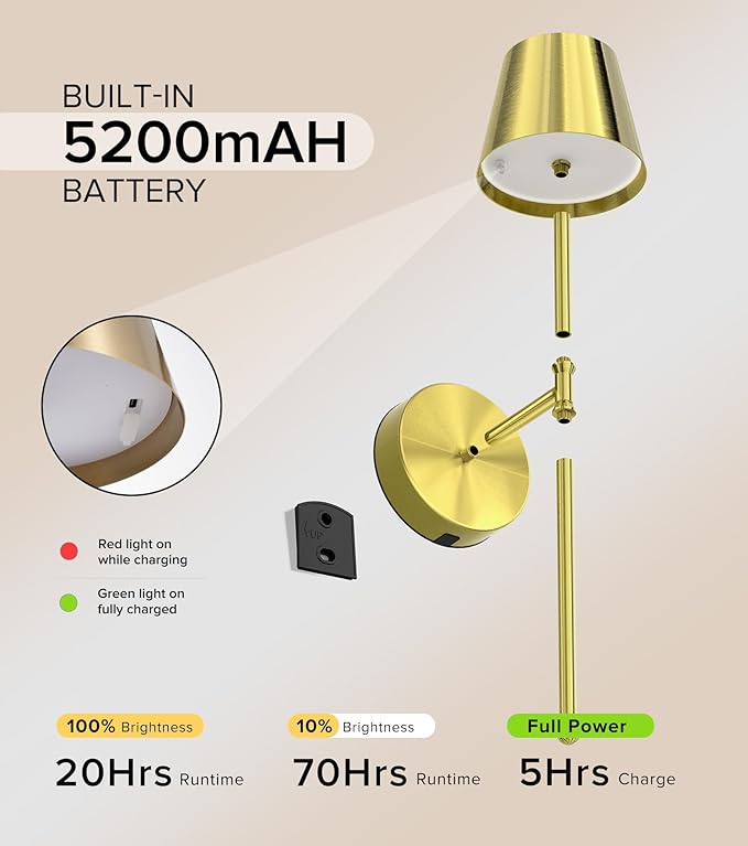 UME Wireless Sconces Set of 2 with Remote, 5200mAh Battery Powered Sconces - Small Rechargeable Sconces w/ 3 Color Temps & 5 Brightness Levels for Bedroom, Living Room, Wall Painting, Cafe(Gold)