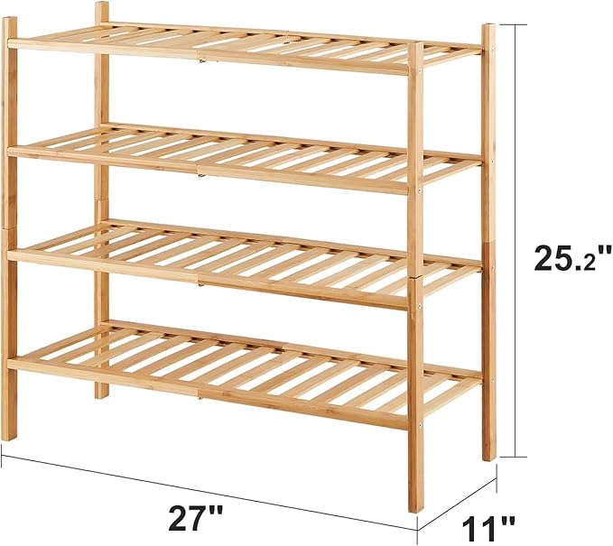 4-Tier Bamboo Shoe Rack for Entryway, Stackable | Foldable | Natural, Shoe Organizer for Hallway Closet, Free Standing Shoe Racks for Indoor Outdoor