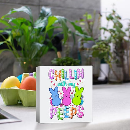 Funny Easter Decorations Peeps Decorations Easter Table Decor Chillin With My Peeps Wooden Box Sign for Home Office Bedroom Living Room Desk Shelves