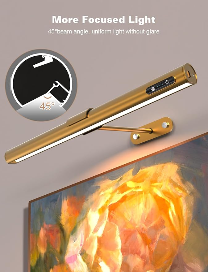GOVSSING Picture Lights for Wall - 4000mAh Rechargeable Battery Wireless Picture Light with Remote, 3 Color Temps & Dimmable, 15.7” Rotatable Art Light, Memory & Timer Functions, Gold