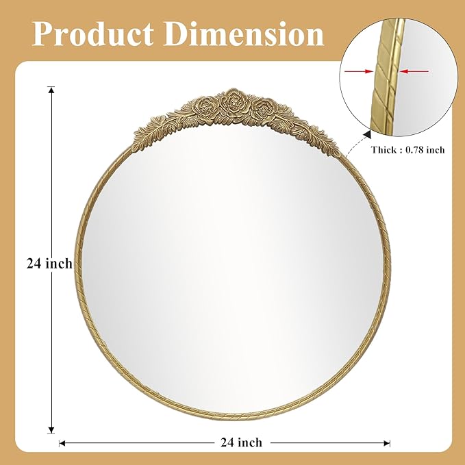 Growsun Round Wall Mirror with Vintage Gold Floral Frame – 24 Inch Decorative Wall Mirror for Living Room, Bedroom, Entryway, Bathroom Vanity – Elegant Antique Accent Home Décor