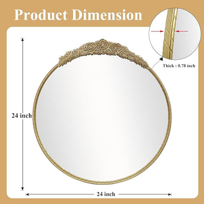Growsun Round Wall Mirror with Vintage Gold Floral Frame – 24 Inch Decorative Wall Mirror for Living Room, Bedroom, Entryway, Bathroom Vanity – Elegant Antique Accent Home Décor