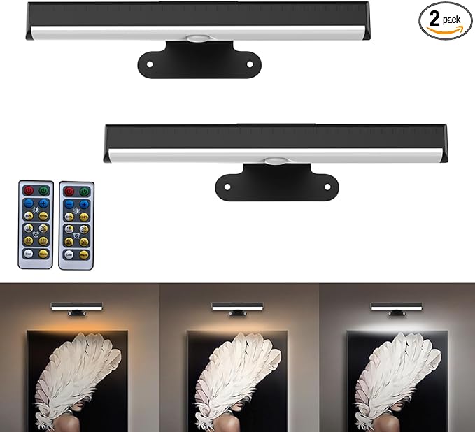 2PACK Picture Light LED Battery Operated Wall Light for Paintings,Wireless Dimmable Frame Light with Remote,3 Lighting Display Art Light Magnetic Timer Lights for Artwork Portrait Dartboard Wall Decor
