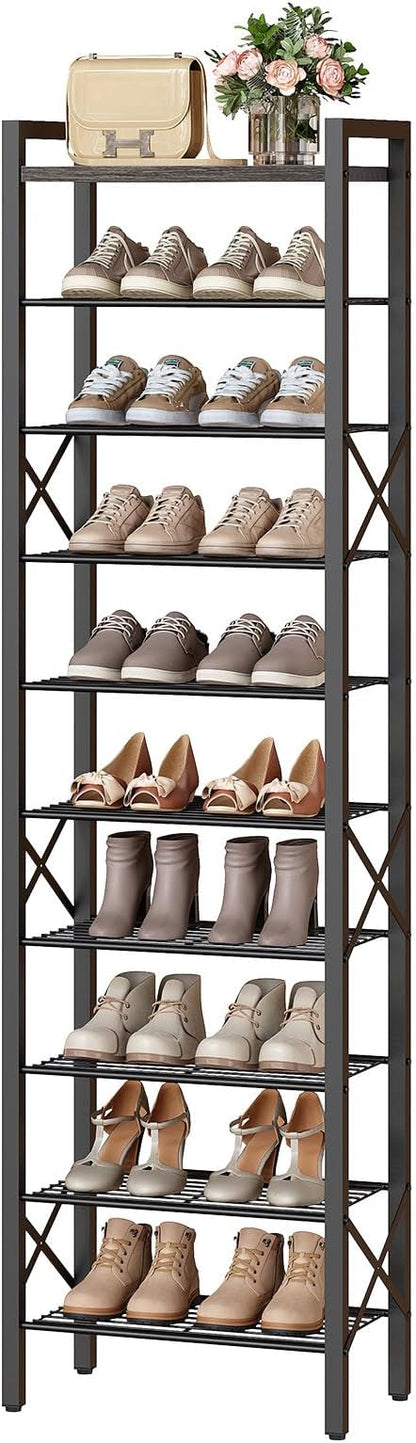 10-Tier Narrow Shoe Rack, Tall Shoe Rack for 10-20 Pairs, Slim Shoe Storage Organizer with Wooden Top, Space Saving, Metal Frame, for Entryway, Charcoal and Black SS68BC