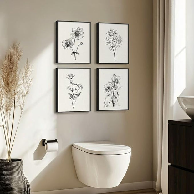 Framed Black and White Bathroom Wall Art, 4 Piece Vintage Floral Canvas Prints Artwork for Farmhouse, Rustic Minimalist Flower Botanical Pictures for Bedroom Living Room Wall Decor, 8x10x4 (Pack)