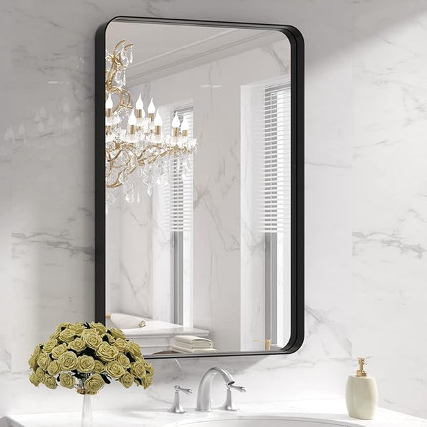 LOAAO Black Metal Framed Bathroom Mirror for Wall, 24X36 Inch Rounded Rectangle Mirror, Matte Black Bathroom Vanity Mirror Farmhouse, Anti-Rust, Hangs Horizontally or Vertically