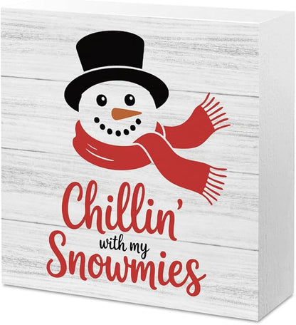 Christmas Decor Christmas Sign Decorations for Home Chillin With My Snowmies Sign for Home Office Desk Table Cubicle Shelf Xmas Desk Accessories 5 x 5 inch
