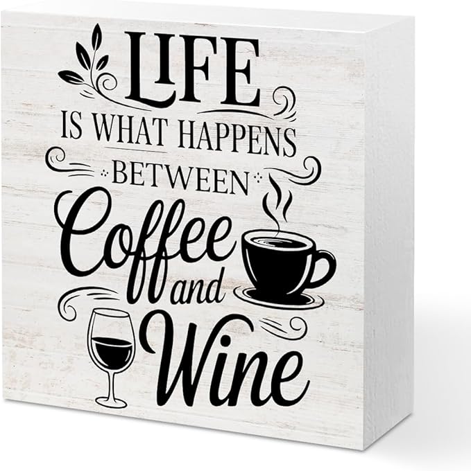Rustic Coffee Wine Wood Box Sign, Life is What happens Between Coffee and Wine Wood Plaque, Woods Table Decorative Signs for Home Kitchen Wine Bar Tabletop Shelf, Christmas Birthday Gifts for Women