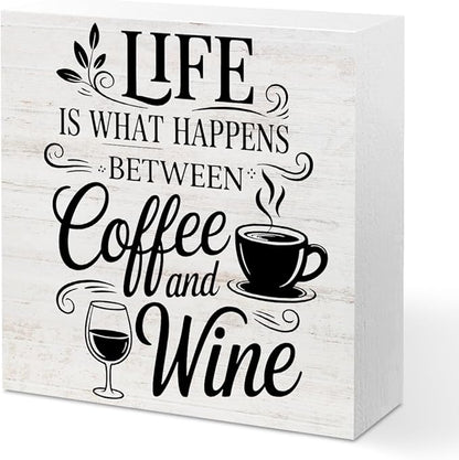 Rustic Coffee Wine Wood Box Sign, Life is What happens Between Coffee and Wine Wood Plaque, Woods Table Decorative Signs for Home Kitchen Wine Bar Tabletop Shelf, Christmas Birthday Gifts for Women
