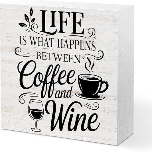 Rustic Coffee Wine Wood Box Sign, Life is What happens Between Coffee and Wine Wood Plaque, Woods Table Decorative Signs for Home Kitchen Wine Bar Tabletop Shelf, Christmas Birthday Gifts for Women