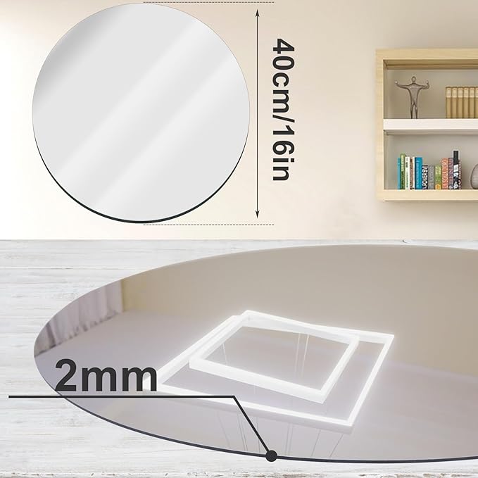 JUNEBRUSHS Round Mirror, 16 Inch Round Wall Mirror Fogless Shatterproof Bathroom Circle Acrylic Mirror Unbreakable Frameless Wall-Mounted Mirrors for Wall Living Room Bedroom Home Decor