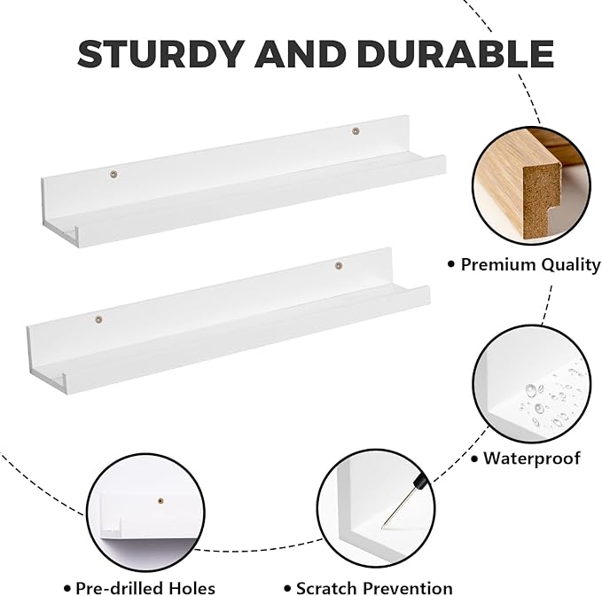 Muzilife 24" Small Floating Wall Ledge Shelves with Lip - Set of 2 Wood Floating Shelves - White Wall Mounted Picture Ledge for Office, Bathroom, Bedroom, Living Room, Kitchen