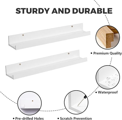 Muzilife 24" Small Floating Wall Ledge Shelves with Lip - Set of 2 Wood Floating Shelves - White Wall Mounted Picture Ledge for Office, Bathroom, Bedroom, Living Room, Kitchen