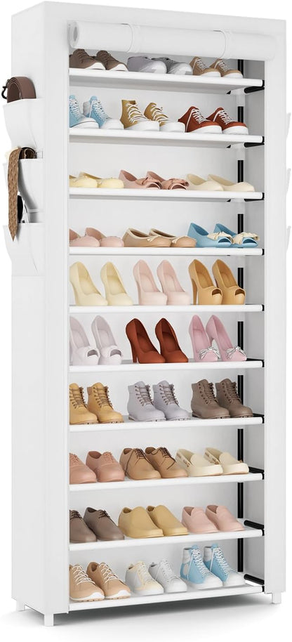 VTRIN Vertical Narrow Shoe Rack Organizer Tall Shoe Rack for Closet Entryway 10 Tier Non-Woven Cover Shoe Shelf Holds 36-41 Pairs Free Standing Shoe Storage Cabinet with Dustproof Cover, White