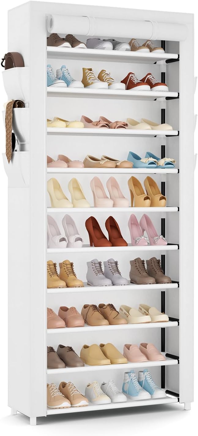 VTRIN Vertical Narrow Shoe Rack Organizer Tall Shoe Rack for Closet Entryway 10 Tier Non-Woven Cover Shoe Shelf Holds 36-41 Pairs Free Standing Shoe Storage Cabinet with Dustproof Cover, White