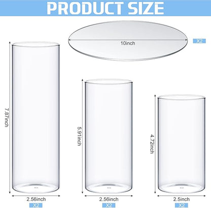 Sawysine 8 Pcs 2.6'' X 4.7'', 5.9'', 7.9'' Round Glass Mirror Trays Glass Cylinder Vase Wedding Table Flower Vase with Mirror Set Table Centerpiece Decoration for Wedding Decor Craft Baby Shower