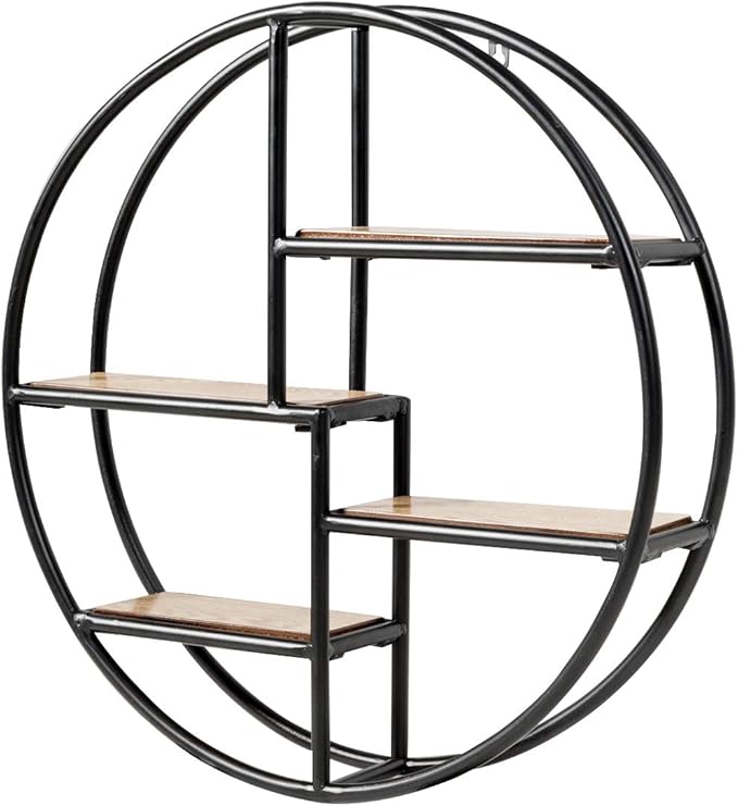 Tangkula Round Wall Shelf, Wall-Mounted Circular Shelf, Wood & Iron Wall Hanging Shelves, 4-Tier Circle Shelf Wall Decor for Home Office, Circular Floating Shelves (1, Black)