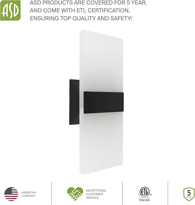 ASD LED Indoor Wall Mount Light Fixture - 14 Inch 24W Modern Interior Matte Black Dimmable Wall Sconce Light - ETL 2700K-5000K Adjustable - Hallway, Bedroom LED Wall Lights, Pack of 2