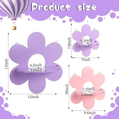 Soaoo 3 Pcs Daisy Flower Floating Shelves, Wooden Boho Daisy Plant Shelf, Wall Mounted Display Stand, Hanging Display Flower Decor for Living Room Bathroom Bedroom(Purple and Pink)