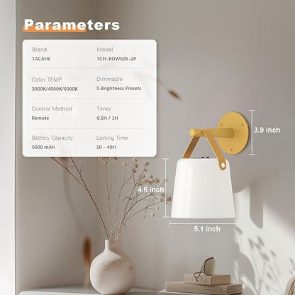 TACAHE Rechargeable Wall Sconce - Plastic Frosted Lampshade - 3 Color Temp & 5 Brightness - Remote Control - 5000 mAh Battery Operated - Cordless Wall Lamp for Camper, RV - Set of 2 (Gold)