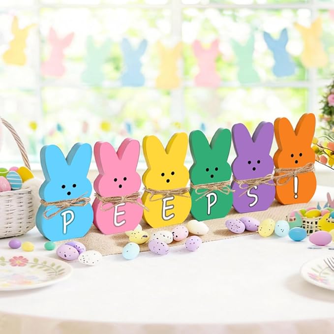 DIYDEC Easter Decorations for Home 6 Pcs Easter Bunny Table Decor Wooden Rabbit Table Signs with Jute Rope Freestanding Rabbit Decoration for Tiered Tray Mantel Shelf Office Easter Party Supplies