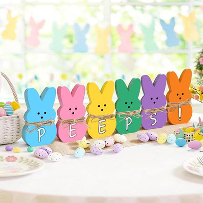 DIYDEC Easter Decorations for Home 6 Pcs Easter Bunny Table Decor Wooden Rabbit Table Signs with Jute Rope Freestanding Rabbit Decoration for Tiered Tray Mantel Shelf Office Easter Party Supplies