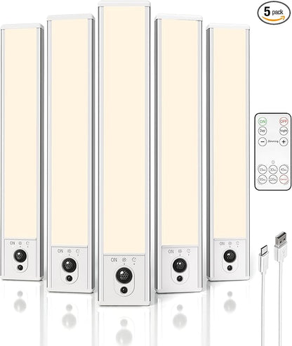EZVALO 5-Pack Under Cabinet Lighting, 2400mAh Motion Sensor Light, LED Closet Lights Wireless, 3000K Dimmable, Timer, Magnetic, with Remote Control for Kitchen, Closet, Stair