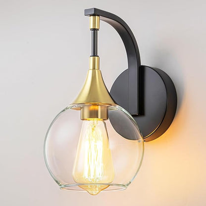 Modern Wall Sconce, Black and Gold Bathroom Vanity Lights with Clear Glass Shade, 1-Light Wall Light Fixture for Bathroom,Living Room, Hallway, Bedroom