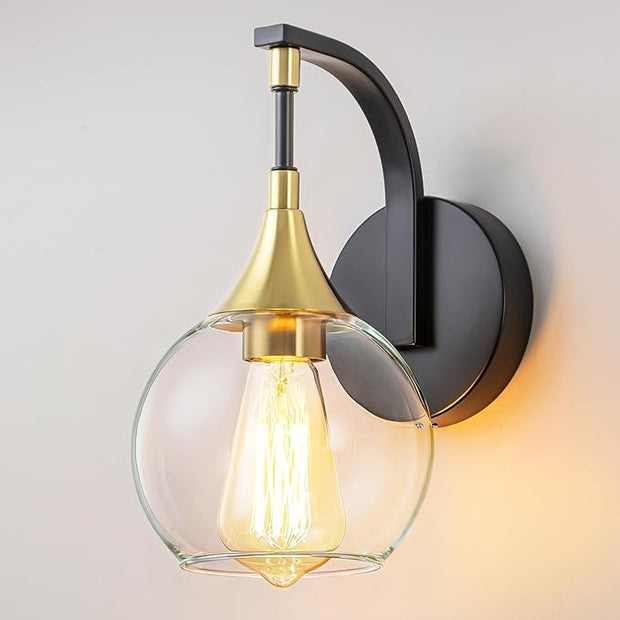 Modern Wall Sconce, Black and Gold Bathroom Vanity Lights with Clear Glass Shade, 1-Light Wall Light Fixture for Bathroom,Living Room, Hallway, Bedroom