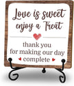 Romantic Decor Wooden Plaque, Love Is Sweet Enjoy A Treat Table Sign With 1 Iron Support For Wedding Party Dessert Table, Wedding Party Bridal Shower Anniversary Valentine's Day Party Decor