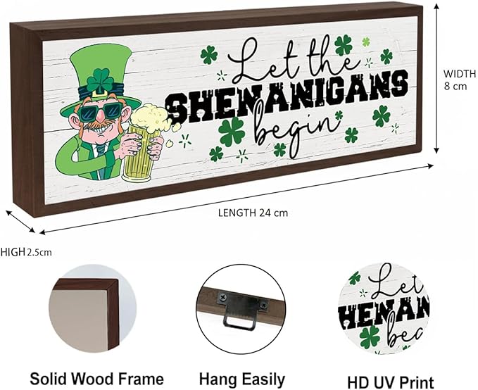 St Patricks Day Decor, Let the Shenanigans Begin Sign, Freestanding Wooden Plaque Sign, Desk Decors Art, Lucky Shamrock Decor, Irish Holiday Decors for Home Office Party, 9.5x3.1x1 inches