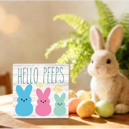 Funny Easter Sign Easter Bunny Peeps Decor Table Decorations Spring Flower Decor Indoor for Home Office Desk Table Shelf Tiered Tray Hello Peeps Wooden Sign 5 X 5 Inch