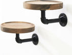 Round Wooden Floating Shelves Wall Mounted (Set of 2). Made of Acacia Wood. Industrial Pipe Brackets. A Unique Rustic Pedestal for Plants and Ornaments. Diameter 7.1 inches.