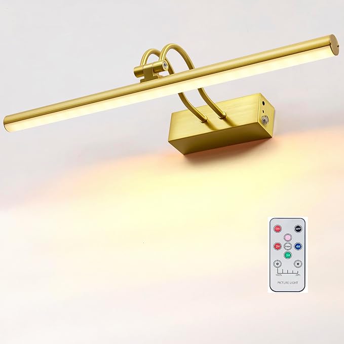 Picture Light,Picture Lights for Wall Cordless,20" Picture Lights with Timer and Dimmable,Battery Wall Lights for Display Gallery Painting Art Frame Portrait-Plated Gold