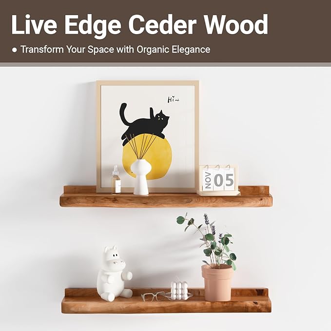 Ceder Wood Live Edge Picture Ledge Shelf Set of 2 - Handmade Natural Cedar Root, Floating Wall Shelves for Frames (24