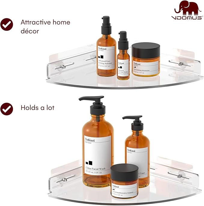 Set of 2 Shower Caddy Bathroom Shelves - Vdomus No-Drill Shower Organizer - Floating Adhesive Acrylic Storage for Tile Walls - Sleek and Durable Bathroom Organizers and Storage