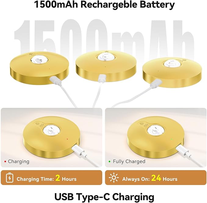 Yiliaw Rechargeable Puck Lights with Remote, 12 Pack Magnetic Under Cabinet Lighting, 1500mAh Battery Operated LED Tap Lights with Dimmer & Timmer for Kitchen, Closet, Shelf - 3 Color Temps, Gold