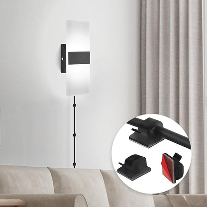 Plug in Wall Sconce with Stepless Adjustable 3000K-6500K Colors and 10%-100% Brightness, 12W Acrylic LED Wall Light with Remote, Hardwire or Plug-in (1 Pack, Black)