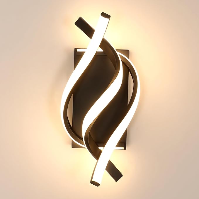 DELIPOP Wall Sconces, Spiral Modern LED Wall Sconce Lighting, 21W 3000K Warm Light Indoor Wall Light Fixtures, Acrylic LED Wall Lamp for Bedroom Bathroom Living Room Hallway Balcony (Black)